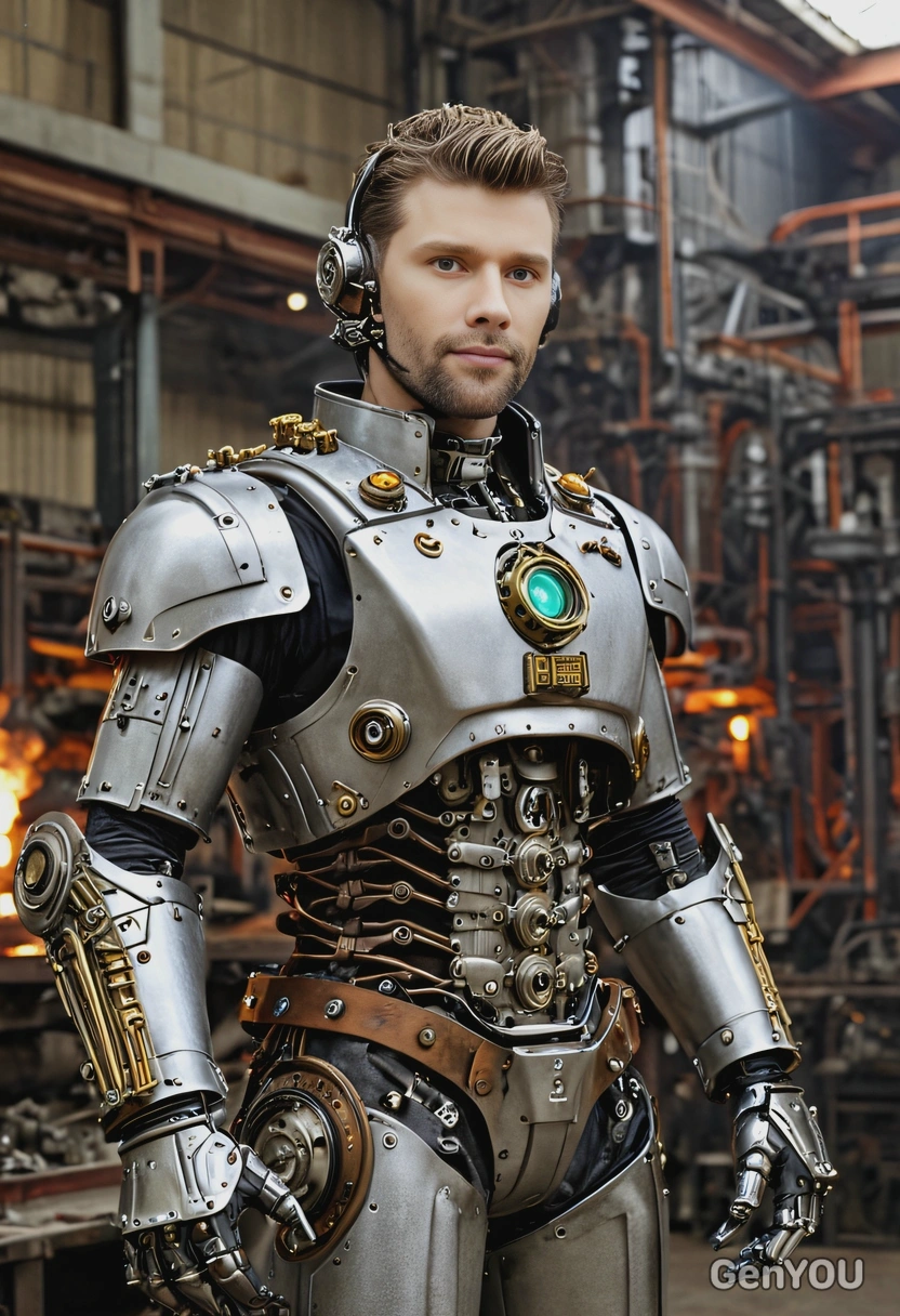 as a Steampunk automaton, dressed in metallic armor with glowing gears, standing in a factory with steam-filled air
