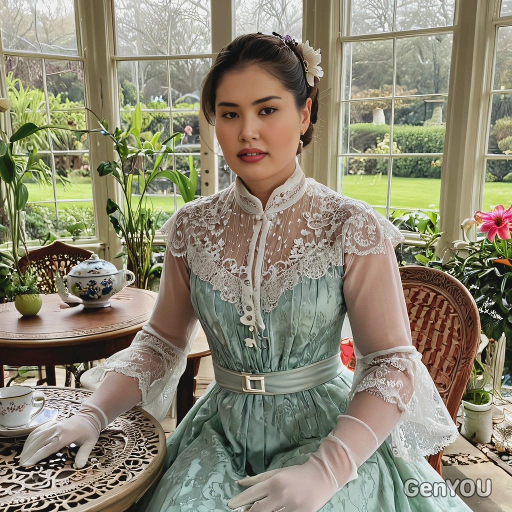 wearing an Edwardian tea gown with delicate lace gloves, seated at a small round table with fine china, in a sunlit conservatory