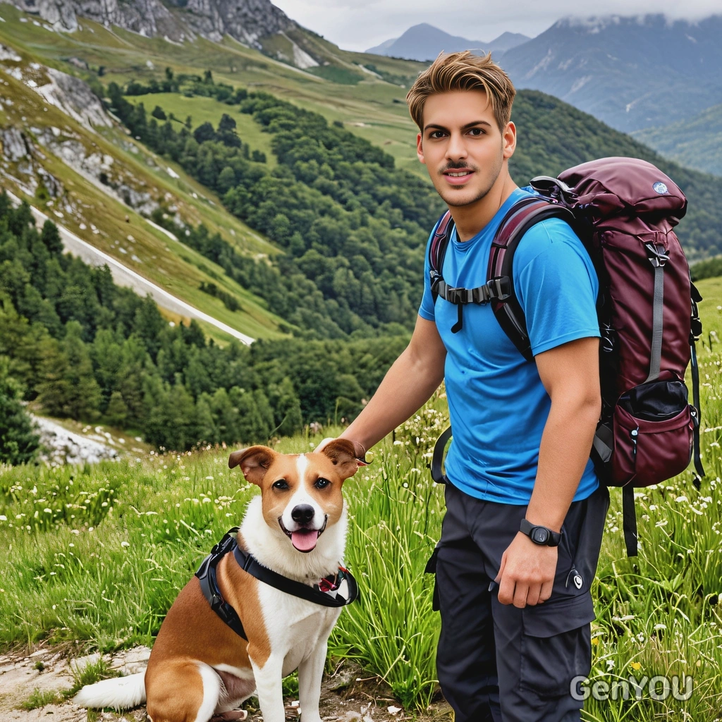 as a hiker with a backpack and a dog