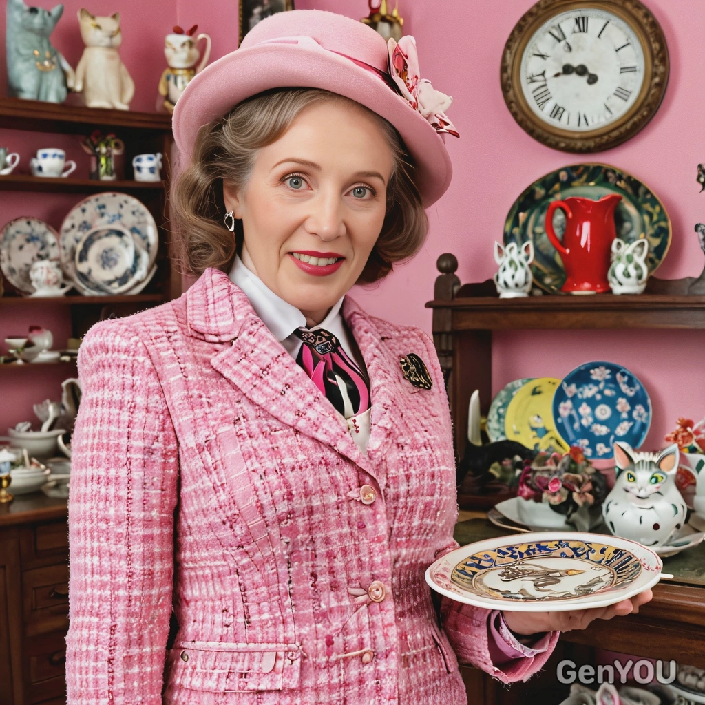 as Dolores Umbridge from Harry Potter, wearing a pink tweed suit with a matching hat, standing in a brightly decorated office filled with cat plates, half body view