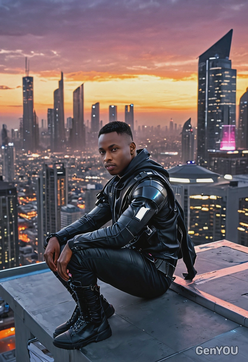 sitting on the edge of a rooftop in futuristic outfit, overlooking a futuristic cyberpunk cityscape at dusk