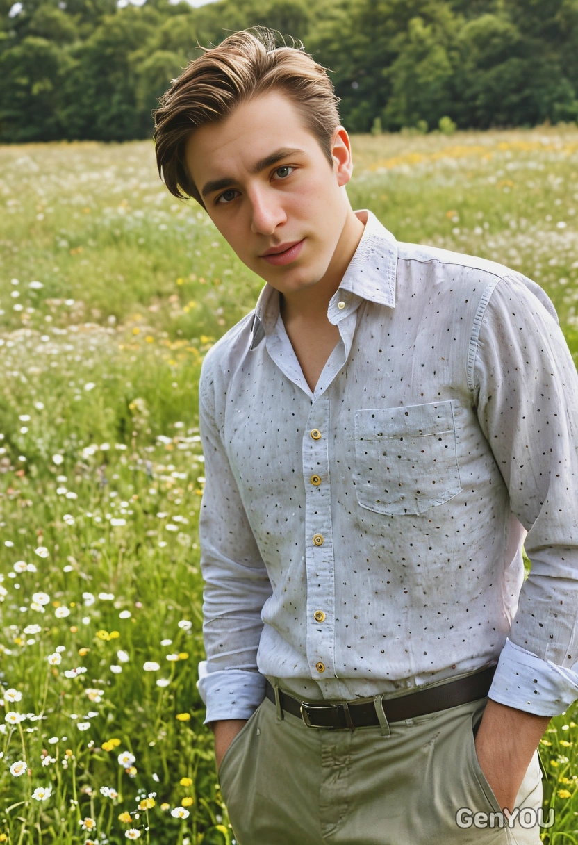 in a linen shirt and rolled-up trousers, in a sunlit meadow dotted with wildflower, blurred background, soft focus, sharp skin texture