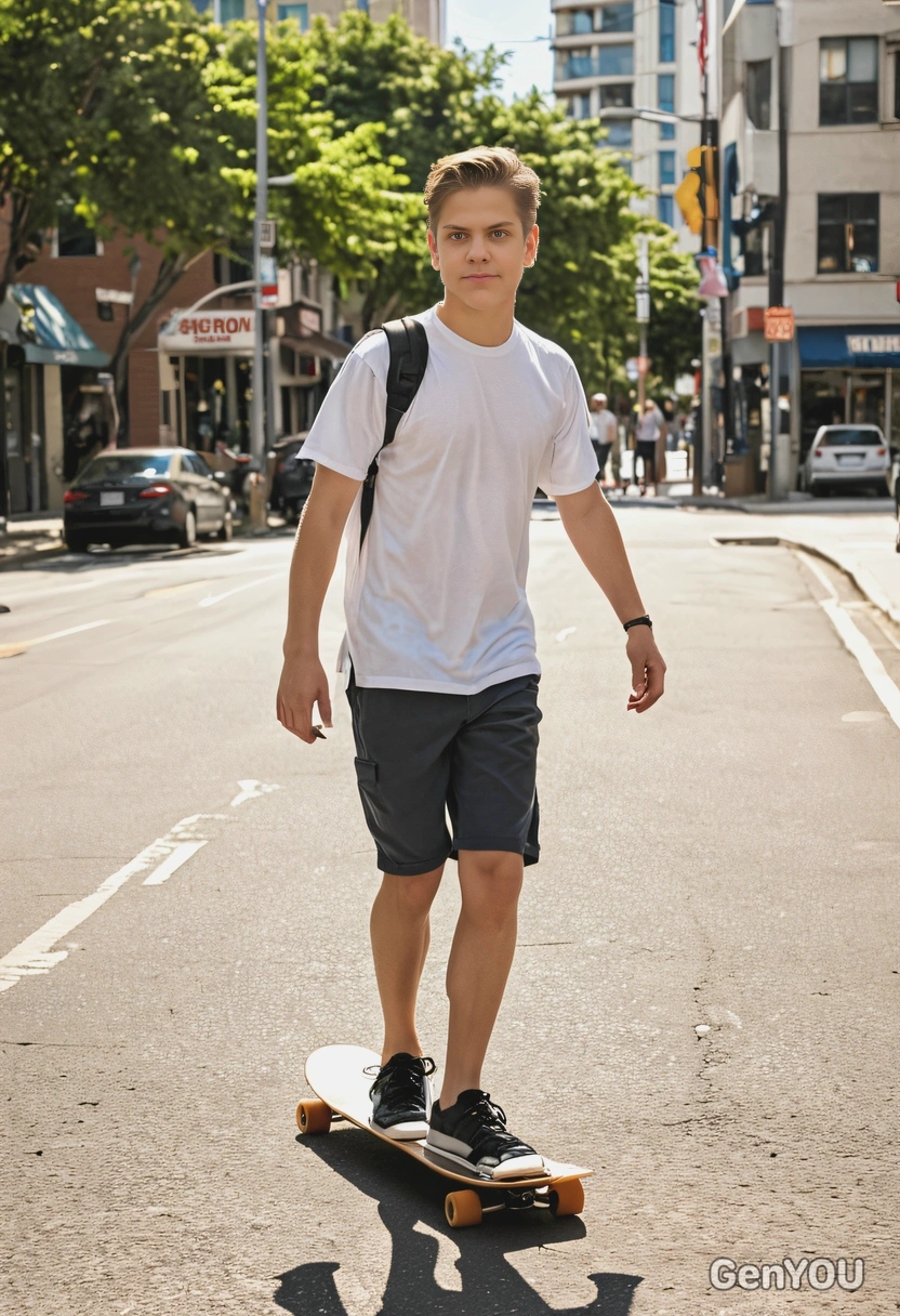 in casual summer clothes  riding a longboard down a sunlit city street, mid-shot photo