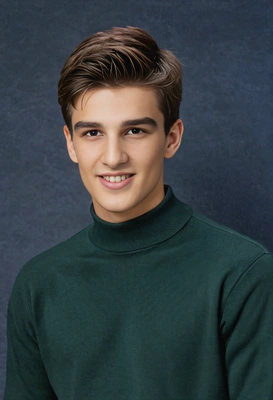 student with slicked-down hair, in a ribbed dark green mock neck shirt, with an introspective look, murky blue yearbook backdrop 