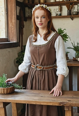 Medieval herbalist beside wooden table