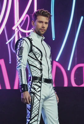 in a vibrant, futuristic K-pop stage neon costume with metallic accents, standing on a stage with neon lights glowing in the background