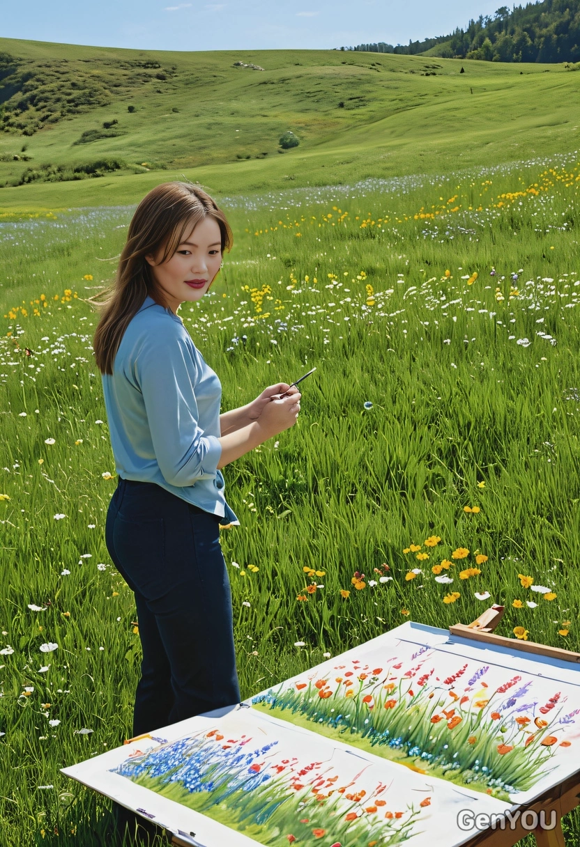 as a nature artist, painting a tranquil landscape of rolling hills and wildflowers in a sun-drenched meadow