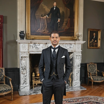 dressed as a Victorian gentleman in a tailored black suit with a waistcoat, standing by a grand marble fireplace in a lavish 19th-century drawing room