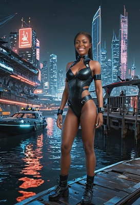 standing at a futuristic dock, glowing boats in the distance, in cyberpunk clothes