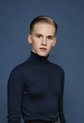 student with a slicked-back hairdo, in a minimalist black turtleneck, looking refined and stylish, murky blue yearbook background 