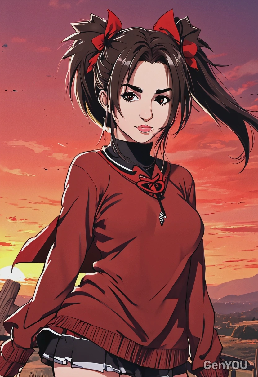 2D anime style, dramatic fantasy shading, bold ink outlines, In Fate/Stay Night anime as Rin Tohsaka, playful smirk, oversized anime eyes, long dark brown twin-tails, red sweater, standing under a crimson sunset, waist-up frame