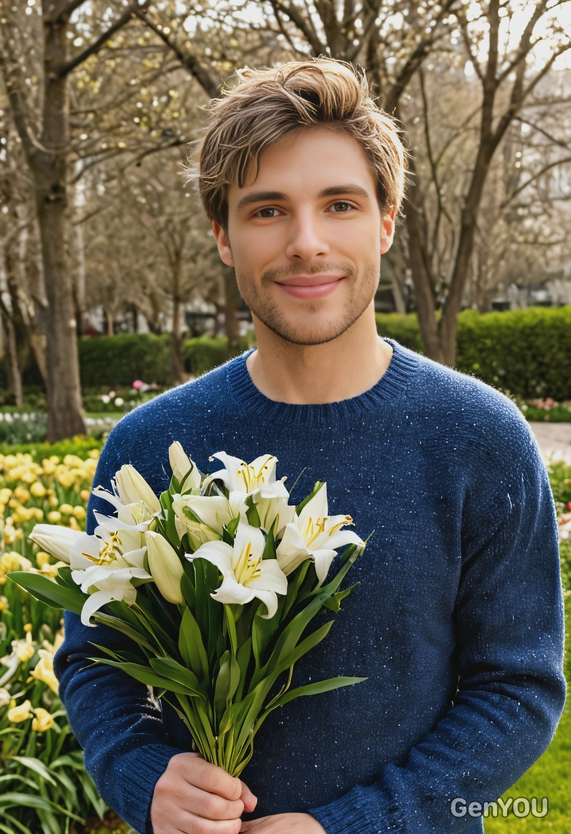 sharp skin texture details, mid-body photo, closed soft smile, fizzy hair, in a blue sweater, holding a bouquet of lilies, standing in a spring park, golden hour