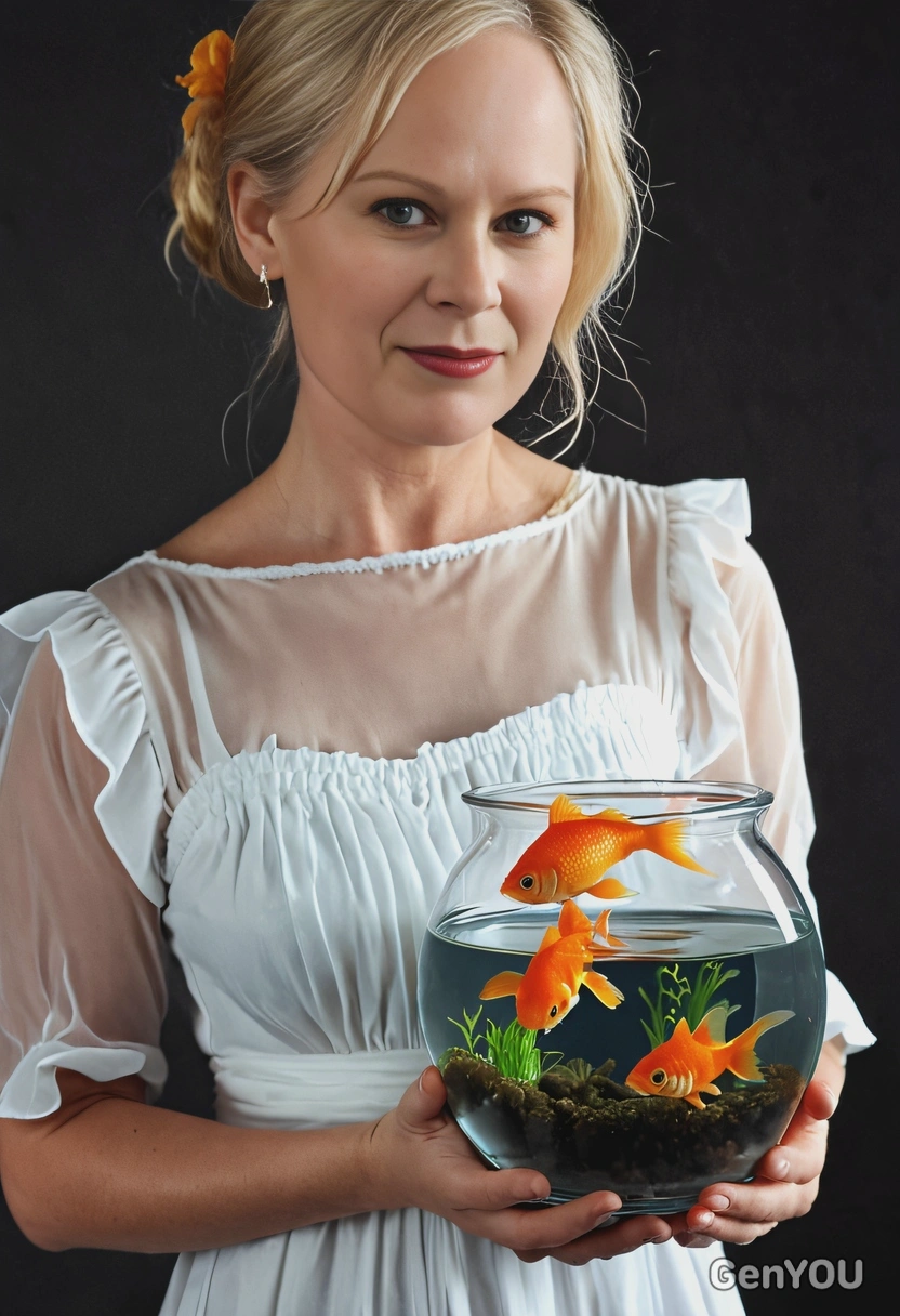 wearing white dress, holding a fishbowl with a goldfish, blurred background, dark cinematographic style