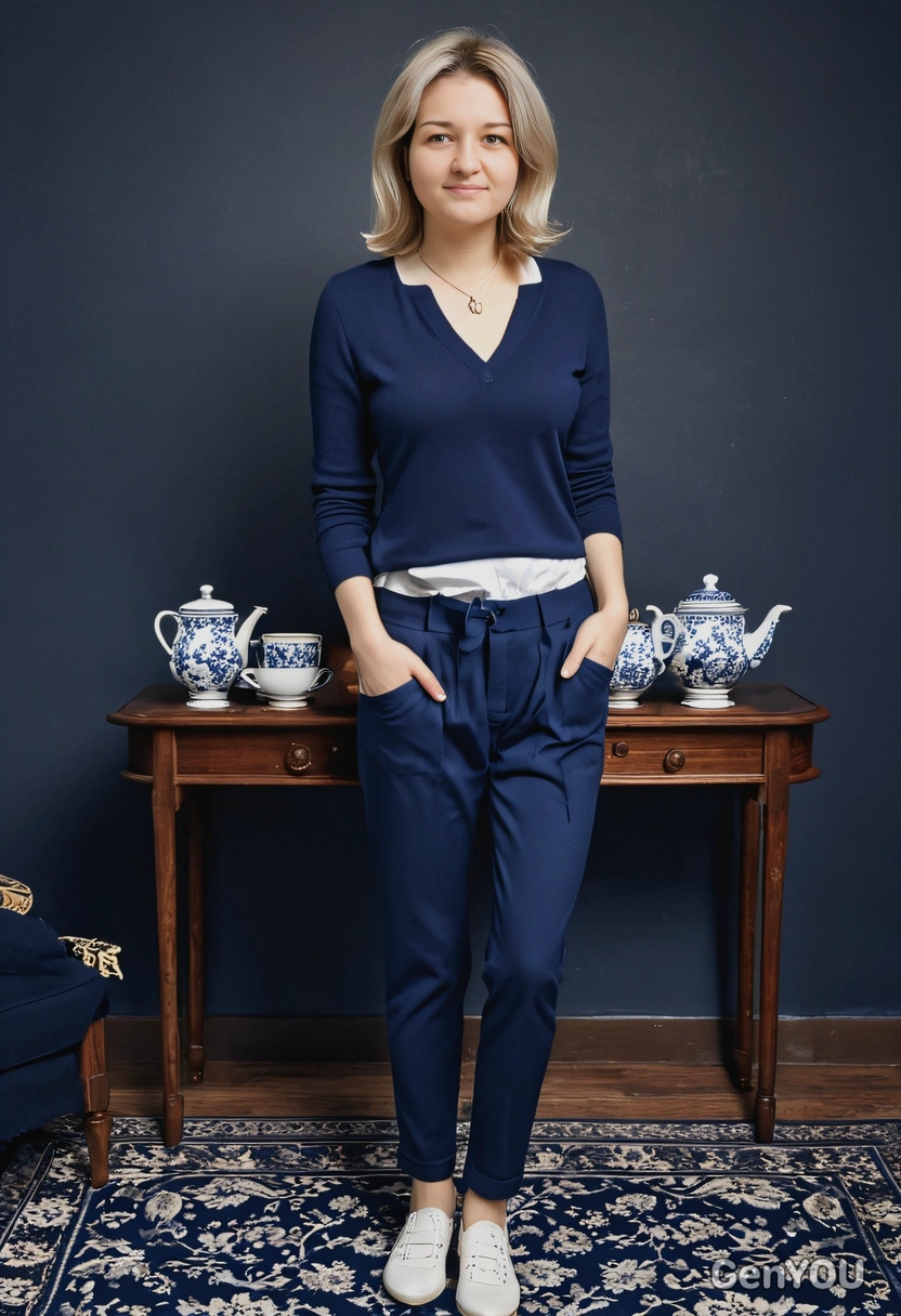 in dark-blue fashionable outfit, tea set nearby, blurred background, symmetrical details, hands in pockets, shotoshoot for fashion magazine