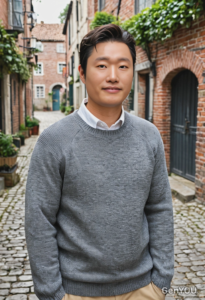standing in a quiet cobblestone street, grey jumper, old brick buildings, ivy-covered walls, cinematographic style, blurry background, professional filming, smiling 