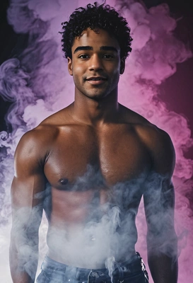 standing in a thick smoke cloud, abs, high-quality portrait, neon lights background, looking at viewer
