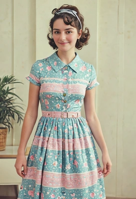 a woman wearing  a retro dress, 60s style, pastel tone, full body image, blurry background