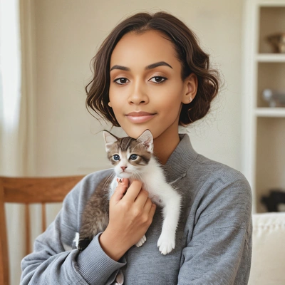  holding a small kitten at home, soft focus, blurred background 