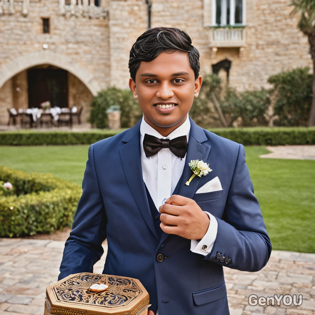 as a ring bearer in a charming suit and bow tie, carrying the wedding rings  decorative box