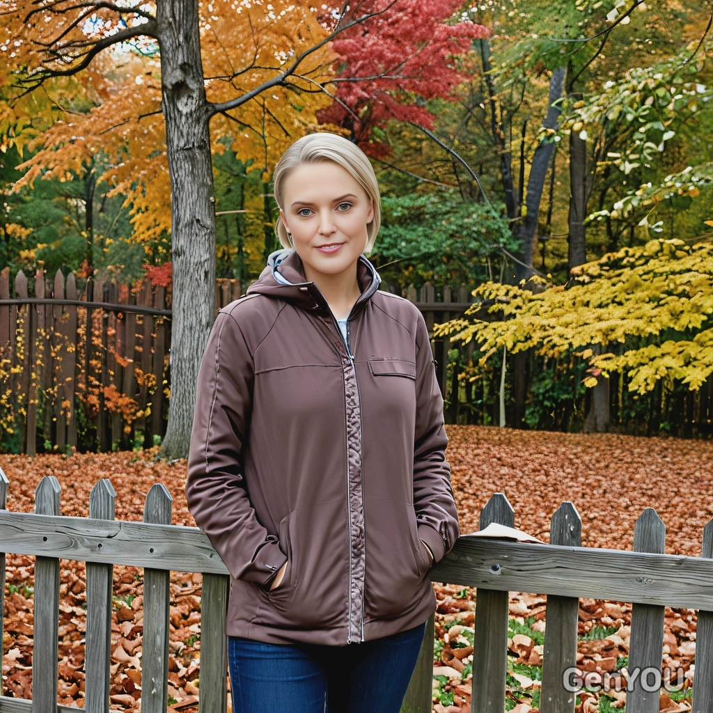 standing near a wooden fence, with a backdrop of fall trees 