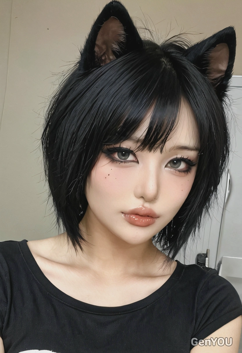 slim face and a wolf cut volume hair with black hair and emo makeup pretty girl,
