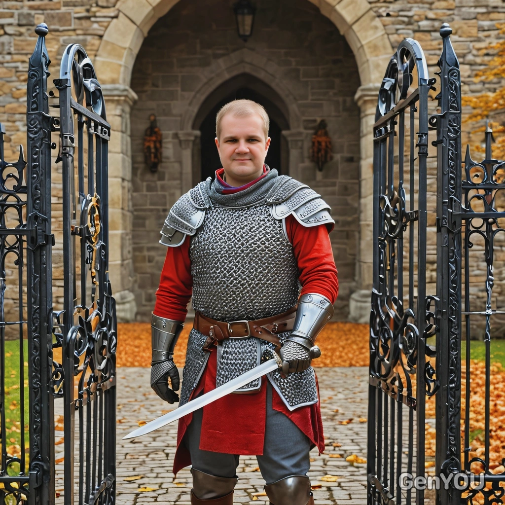 as a squire in chainmail, wielding a sword and shield, standing at the gates of a castle, autumn, vivid colors, symmetrical clothing details, cartoon style, high-quality stylized art