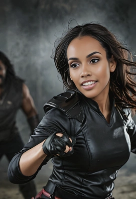 blurry background, professional photoshoot, dramatic fightic scene, fighting with a dark demon