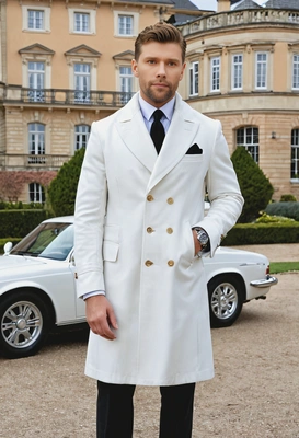 near a luxury car in front of a grand estate, wearing a tailored coat