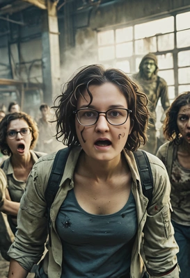 fighting surrounded by zombies, abandoned factory, dark curly hair, yellowish colors, high-quality cinematographic style, blurred background, big glasses, screaming, eyes closed