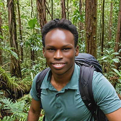 A hiker in a dense rainforest, half body view