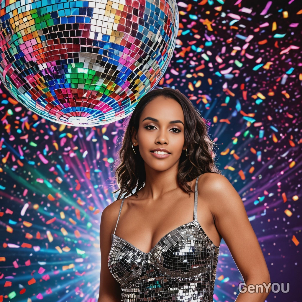 a woman standing under a glittering disco ball, surrounded by colorful lights and confetti, with a vibrant party atmosphere