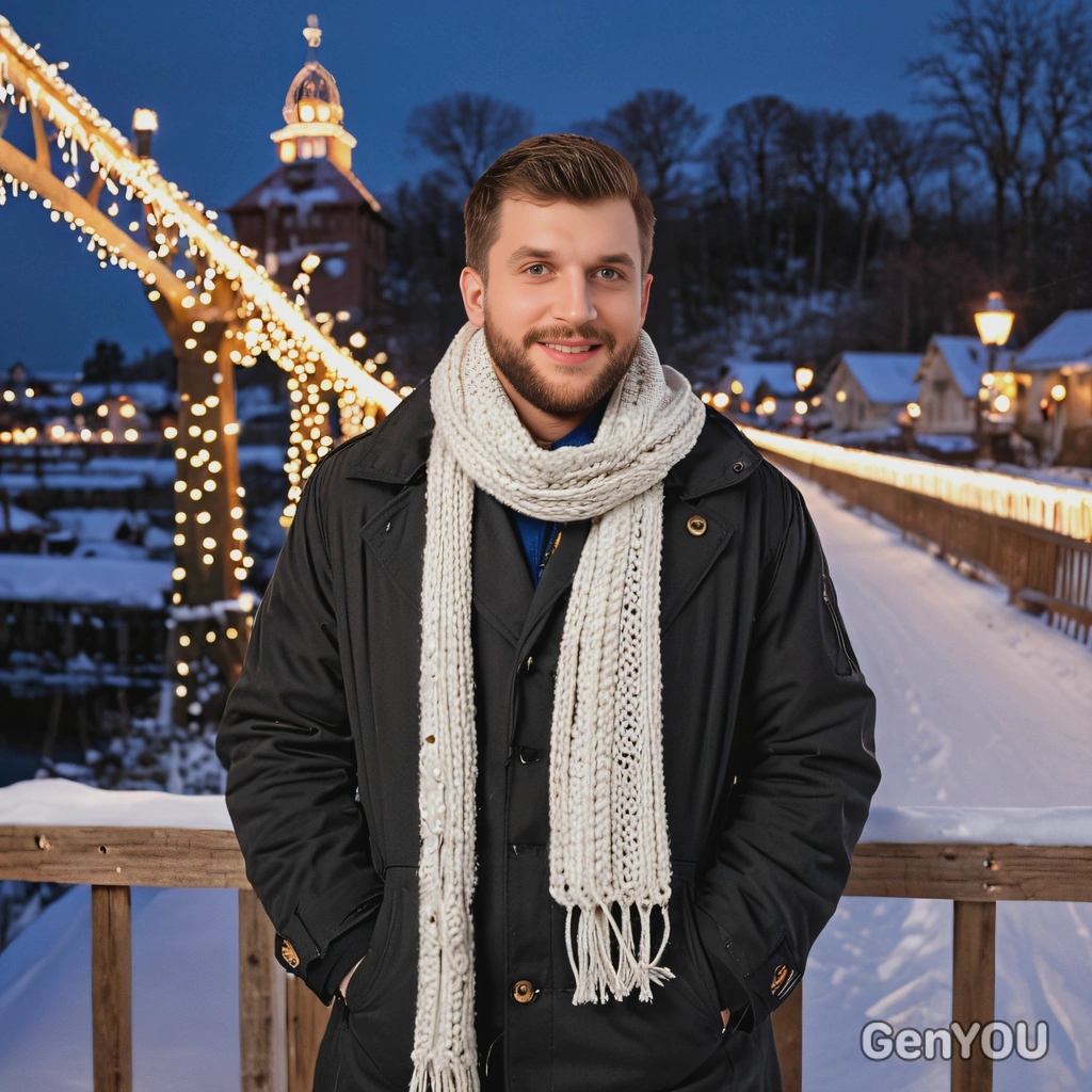 standing on a snow-covered bridge, wearing a long winter coat and scarf, holding a string of Christmas lights with a glowing town behind
