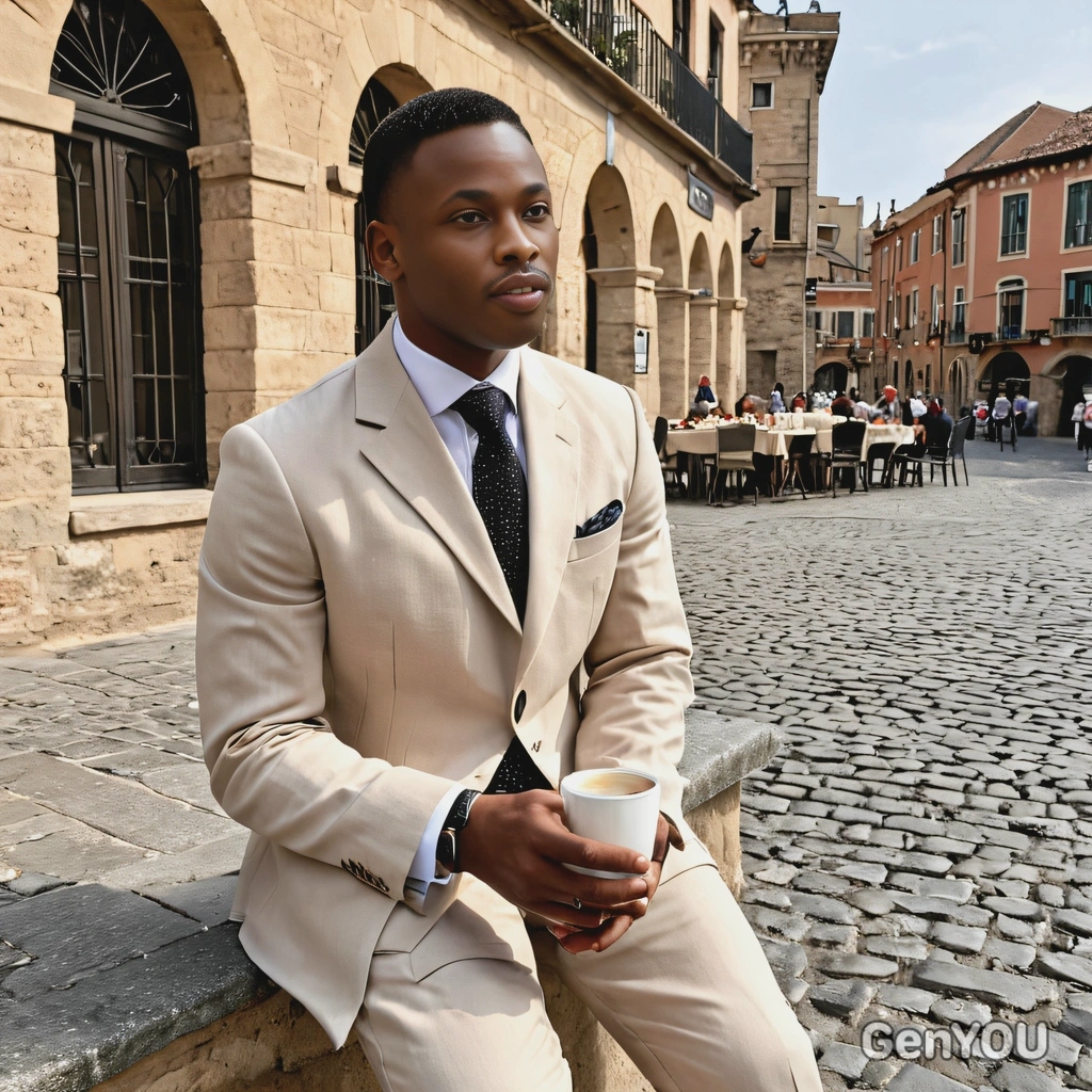 enjoying a cup of espresso in a cobblestone piazza with historical architecture, in beige linen suit