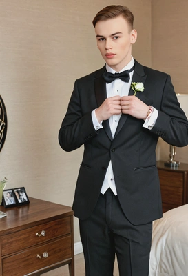 as the groom in a classic black tuxedo, adjusting his cufflinks in a stylish modern suite