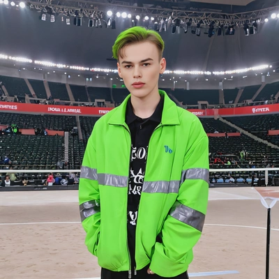 as a fan of TXT’s Yeonjun, wearing a neon green jacket, standing in a brightly lit arena