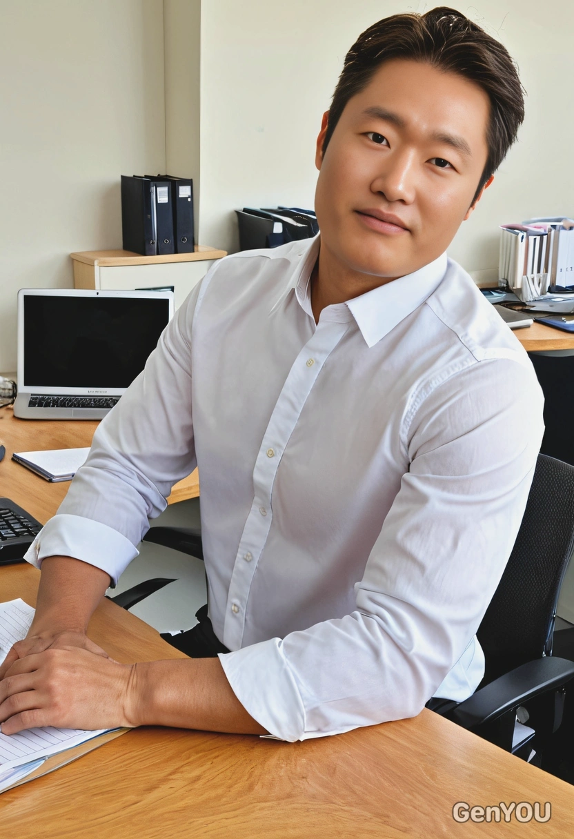 as a robust athletic man in a crisp white shirt, sleeves rolled up, working at the desk, smiling