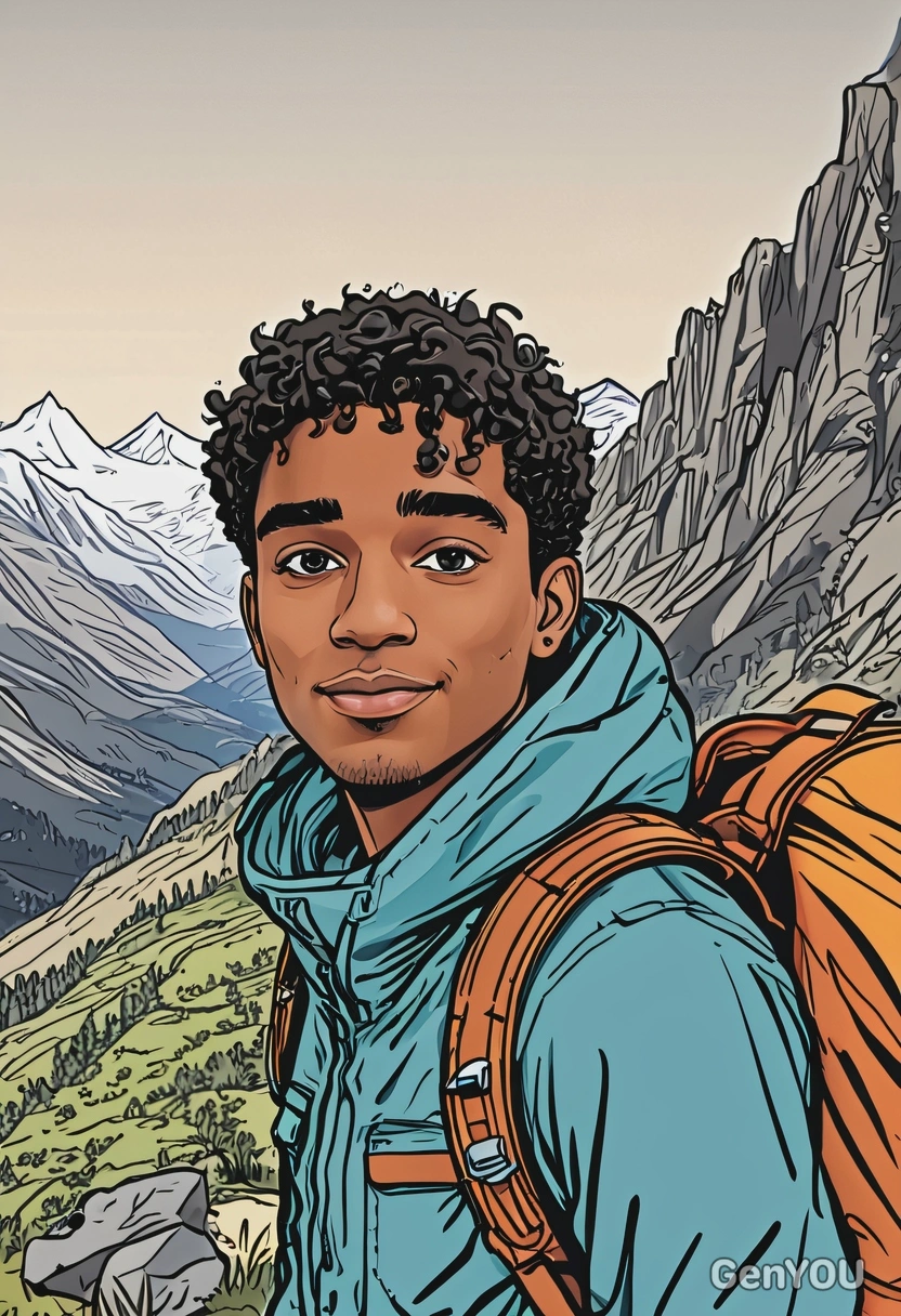 2D cartoon style, hand-drawn, colorful palette, thin ink outlines, male adventurer with backpack, cartoon oversized eyes, mountain landscape background, close-up portrait