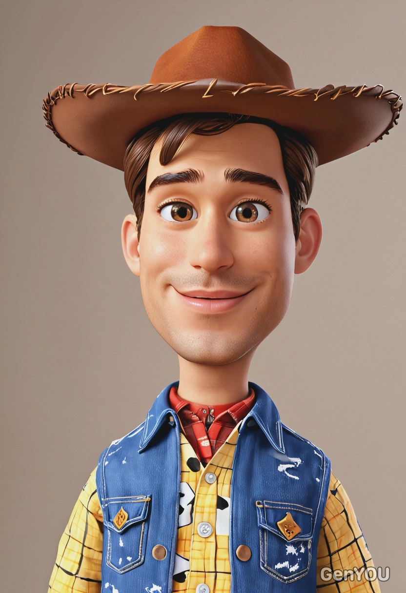 3D Pixar cartoon style, Woody from Toy Story, wearing cowboy shirt and hat, oversized cartoon big sparkling eyes, waist-up pose, child’s bedroom background