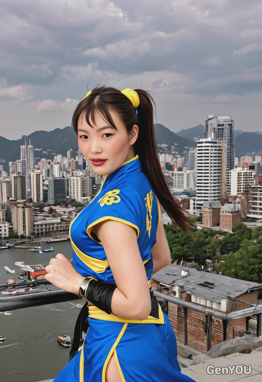 dressed as Chun-Li from Street Fighter, with a city backdrop