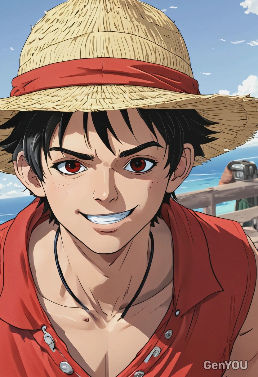 2D anime style, cel-shaded adventure, bold ink outlines, In One Piece anime as Monkey D. Luffy, confident grin, oversized anime black eyes, messy black hair, wearing his red vest and straw hat, standing on the deck of the Thousand Sunny, close-up frame