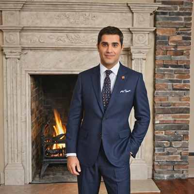 dressed in a classic wool suit with a patterned tie, standing in front of a grand fireplace