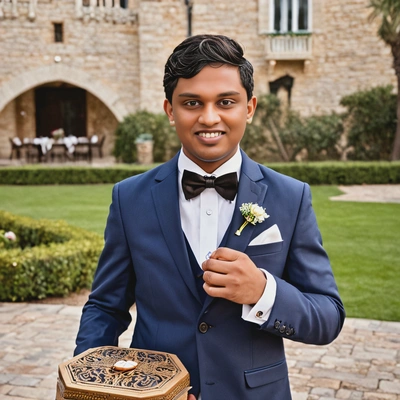 as a ring bearer in a charming suit and bow tie, carrying the wedding rings  decorative box