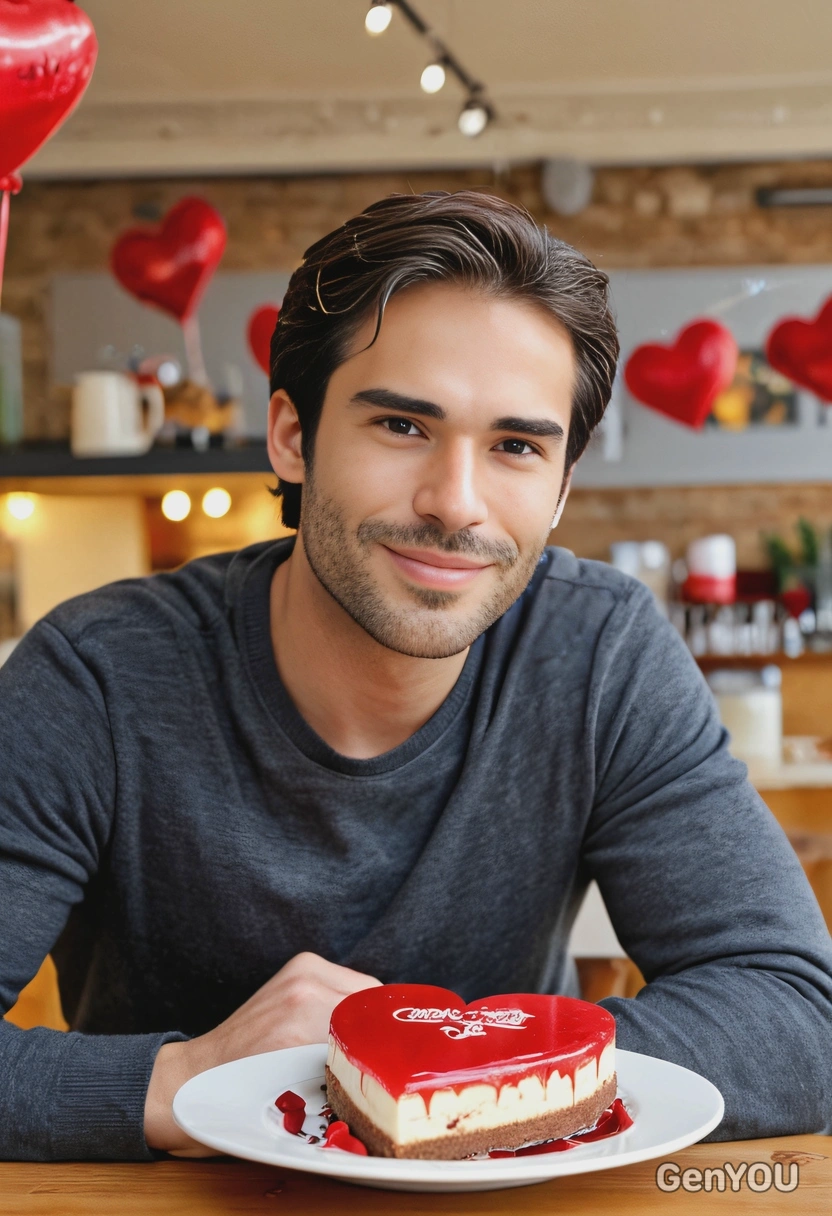 enjoying a slice of heart-shaped cake, cafe, festive Valentine's Day banner in the background, blurred background