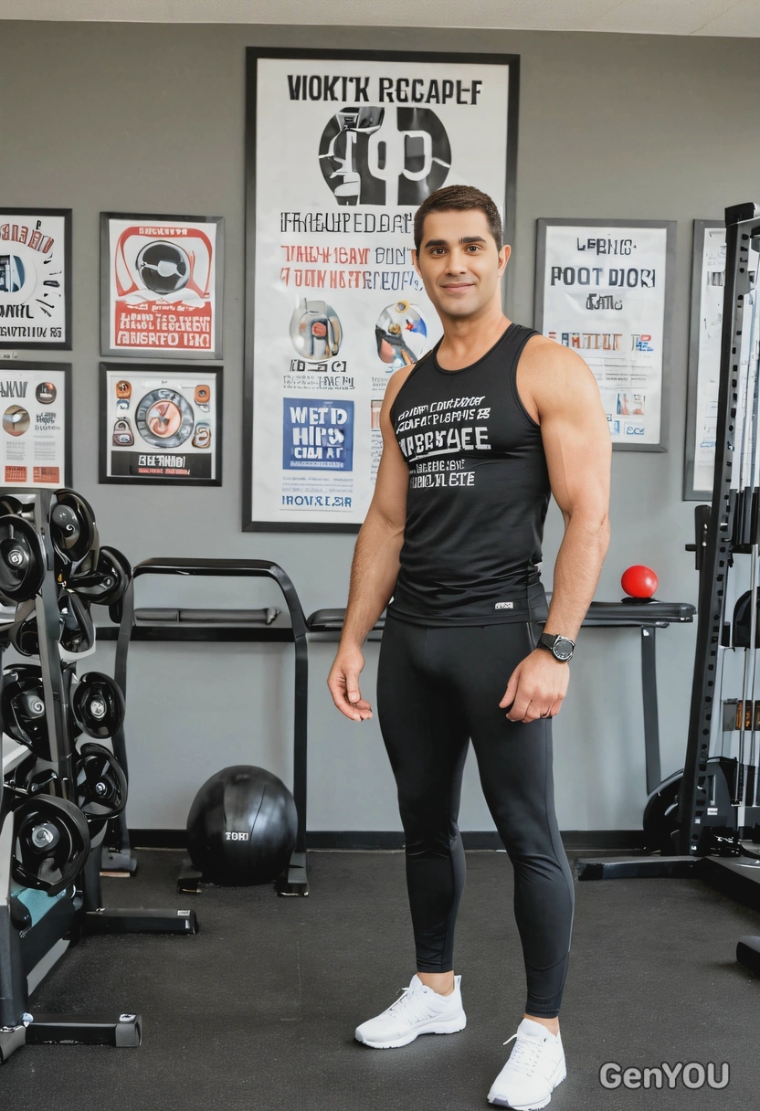 as a sport trainer, wearing a fitted athletic top and leggings, holding a stopwatch and standing with a confident stance, in a modern gym with workout equipment and motivational posters on the walls
