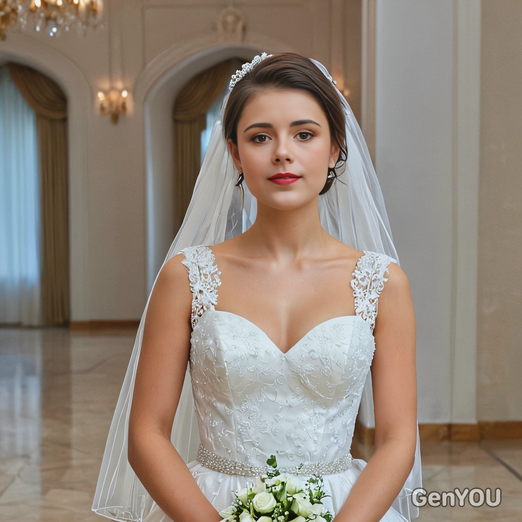 as a smiling bride, in a beautifully modern hall, wearing a mini bridal dress, half body view