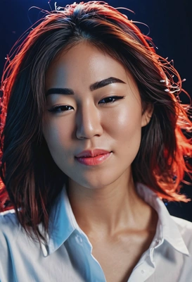 a moody beauty, close-up portrait with flowing hair, wearing a loose white shirt, cinematic blue and red neon lighting, sharp focus on face, soft parted lips, dreamy intense look, dark blurred background