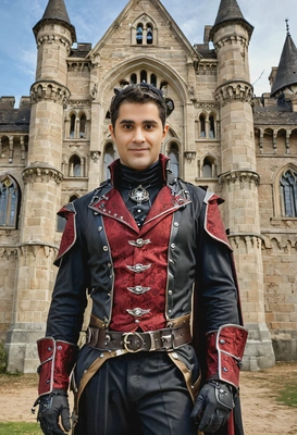 in a steampunk vampire costume, standing in front of a gothic castle
