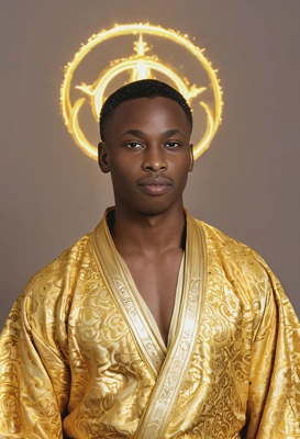 As a demigod, wearing a glowing celestial golden robe