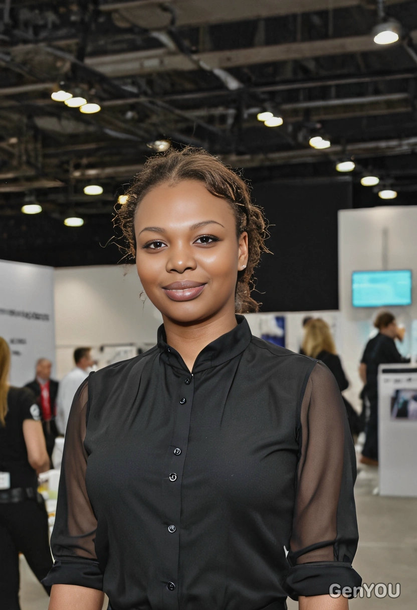 at the tech exhibition, blurred background, wearing a black blouse