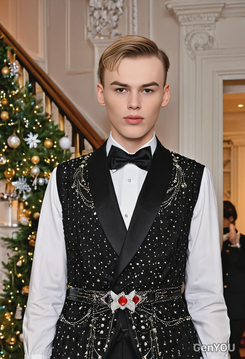 in formal holiday wear, attending a glamorous Christmas gala with elegant decorations